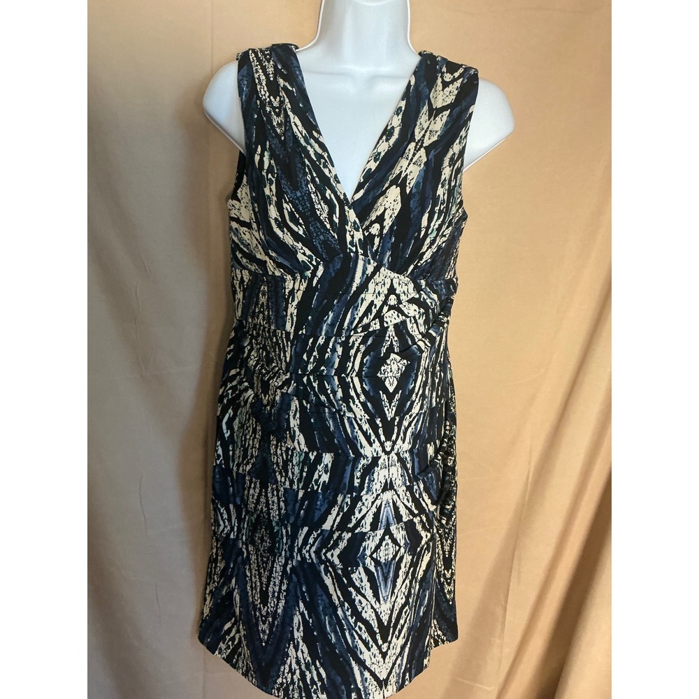 Connected Petite Sheath Dress Womens 4P Blue Geometric Ruched V-Neck Excellent